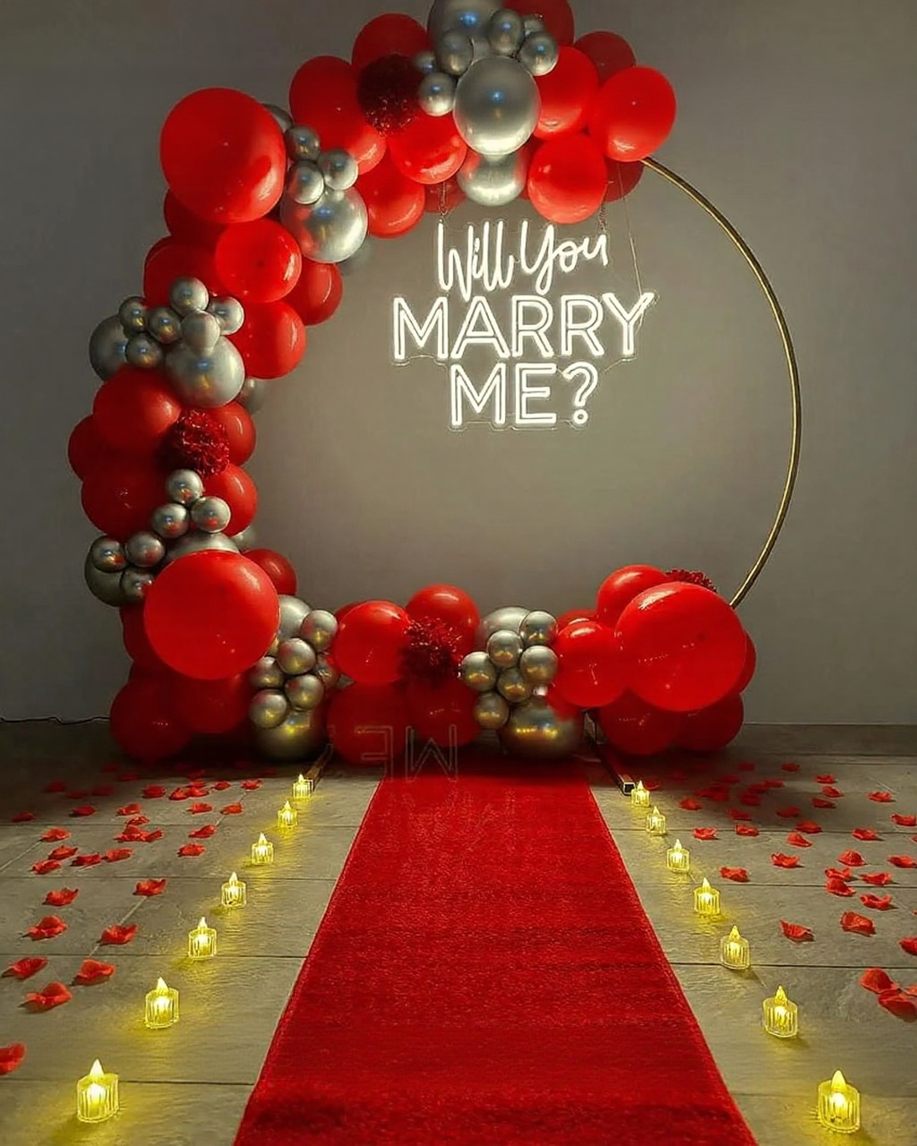 Red & Silver Balloon Ring Proposal Setup with Neon Sign