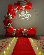 Red & Silver Balloon Ring Proposal Setup with Neon Sign
