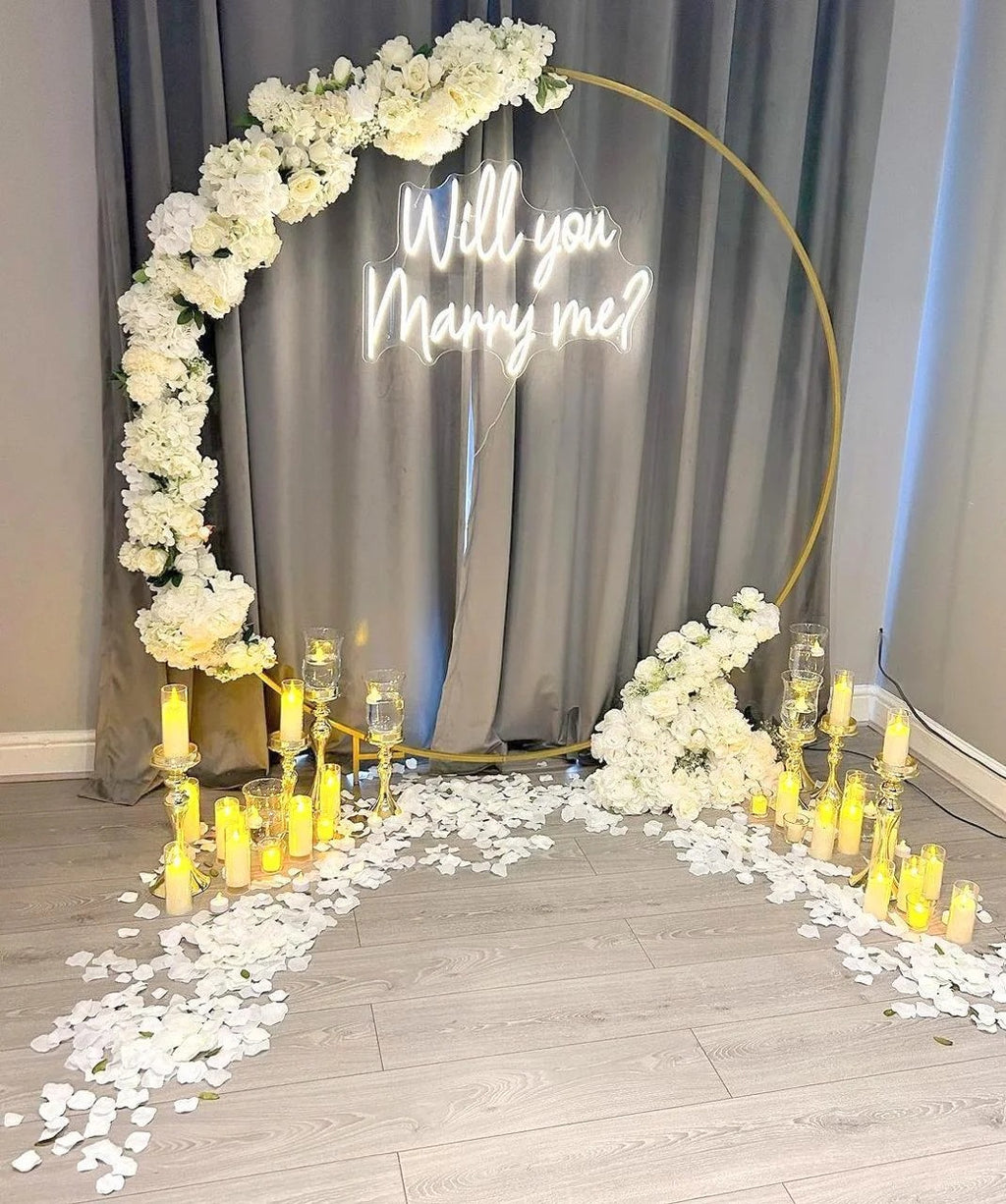 Floral Marry Me Proposal Setup with Neon Sign