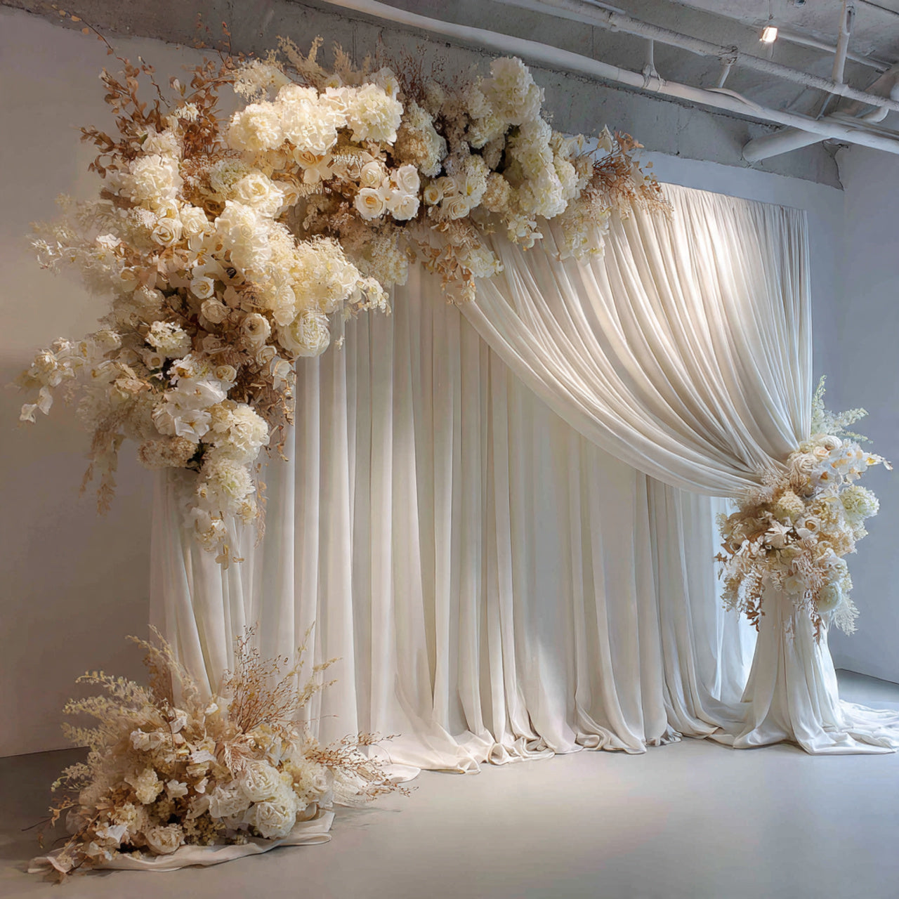 Elegant Ivory Drapes & Floral Statement Backdrop