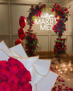 Luxury Red Rose Floral Arch & Neon Marry Me Proposal Backdrop