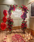 Luxury Red Rose Floral Arch & Neon Marry Me Proposal Backdrop