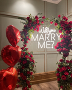 Luxury Red Rose Floral Arch & Neon Marry Me Proposal Backdrop