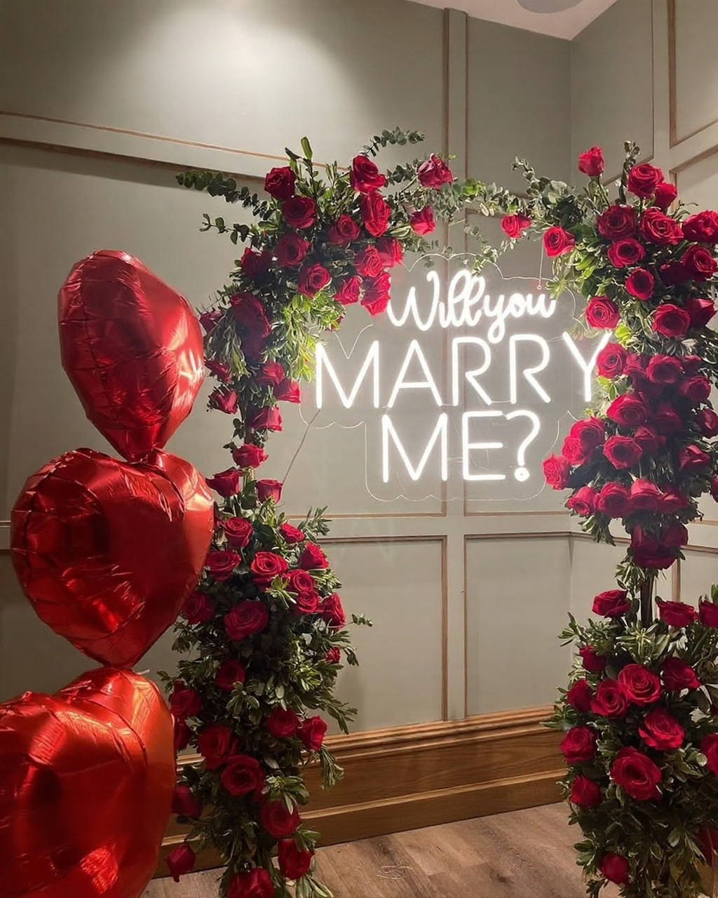 Luxury Red Rose Floral Arch & Neon Marry Me Proposal Backdrop