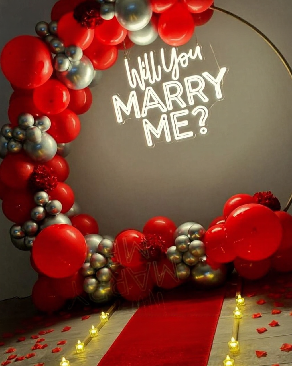 Red & Silver Balloon Ring Proposal Setup with Neon Sign