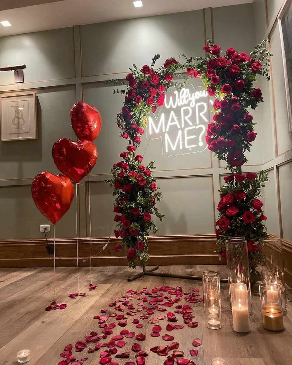 Luxury Red Rose Floral Arch & Neon Marry Me Proposal Backdrop