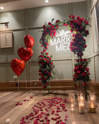Luxury Red Rose Floral Arch & Neon Marry Me Proposal Backdrop