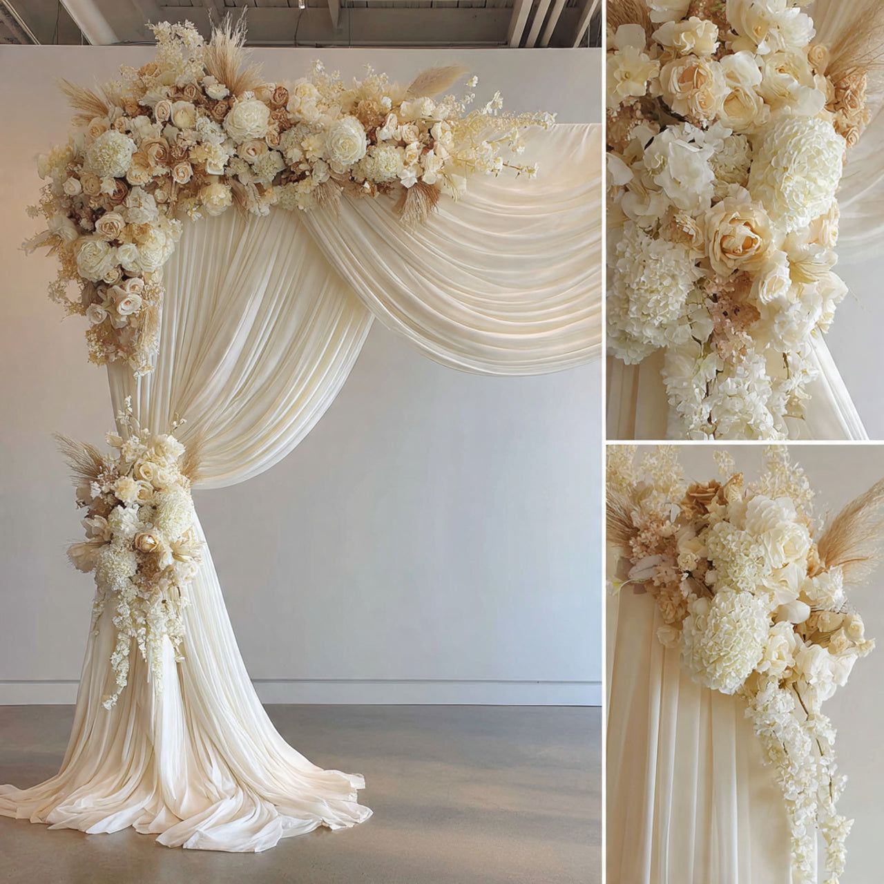 Elegant Ivory Drapes & Floral Statement Backdrop