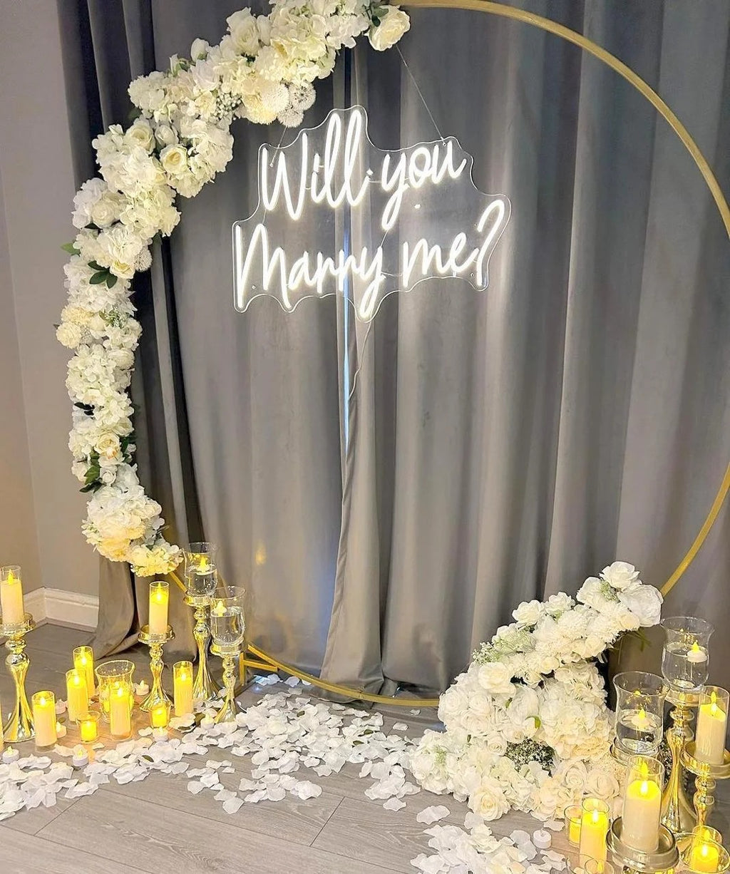 Floral Marry Me Proposal Setup with Neon Sign
