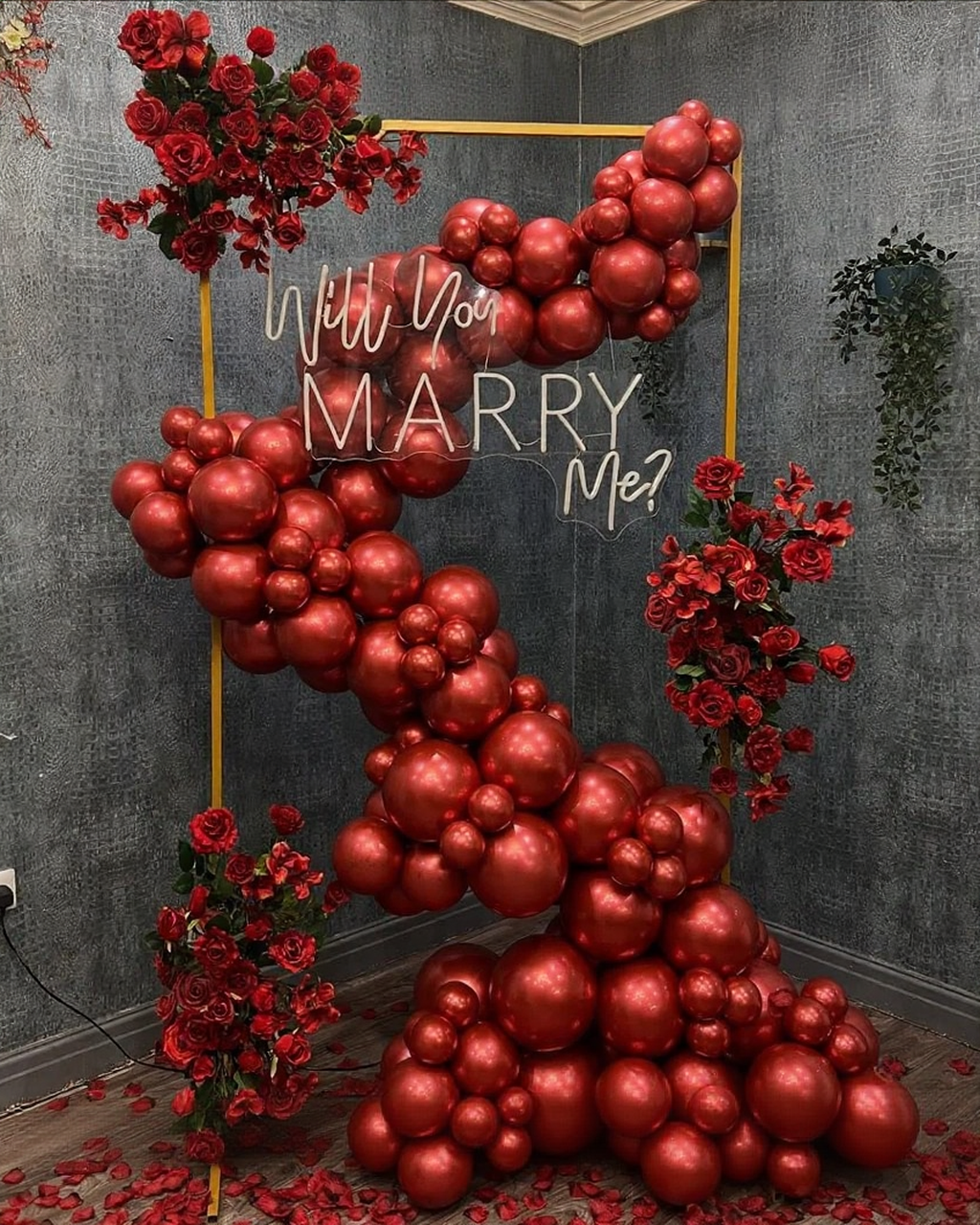 Will You Marry Me Romantic Red Balloon & Floral Proposal Setup