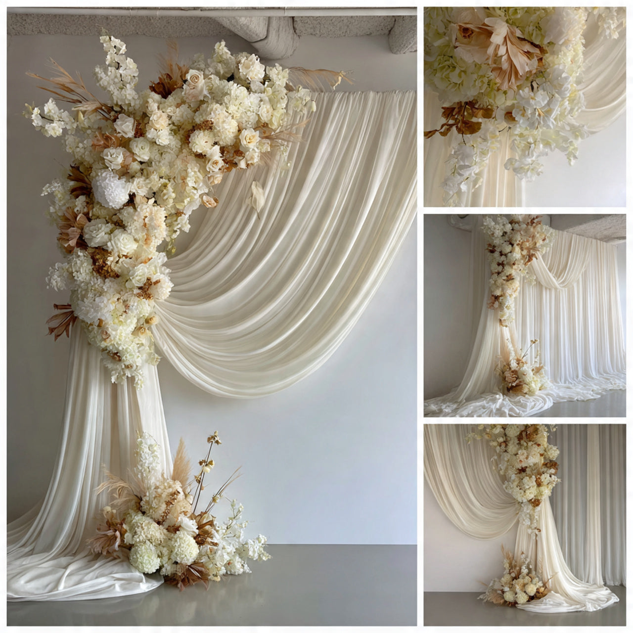 Elegant Ivory Drapes & Floral Statement Backdrop