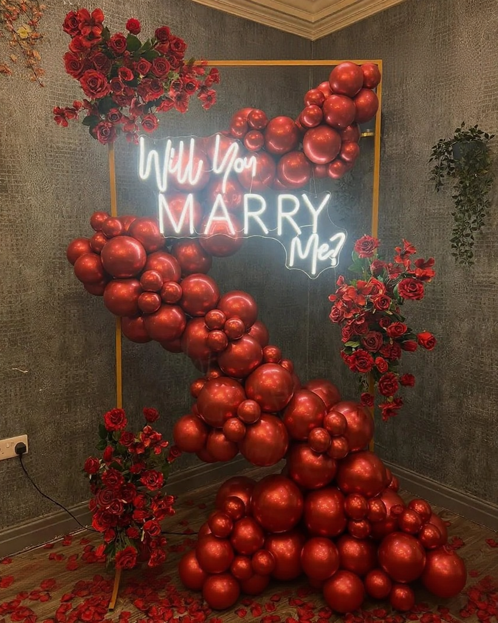 Will You Marry Me Romantic Red Balloon & Floral Proposal Setup