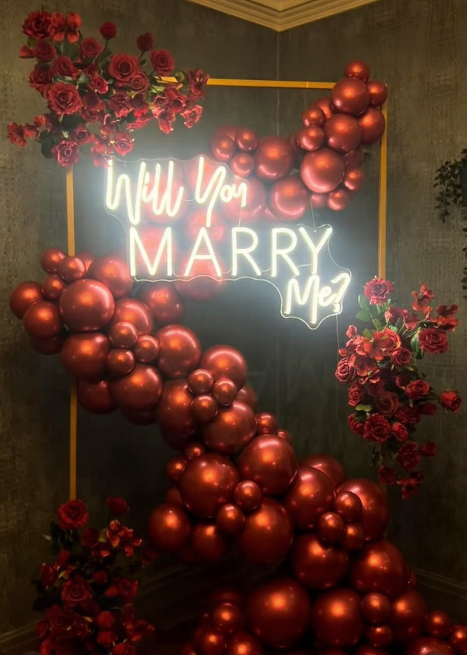Will You Marry Me Romantic Red Balloon & Floral Proposal Setup